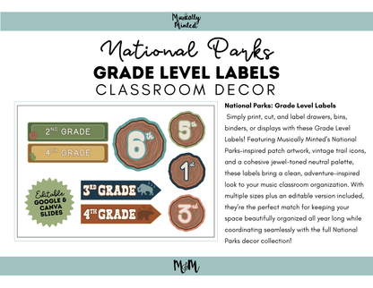 National Parks: Grade Level Labels | Music Classroom Decor