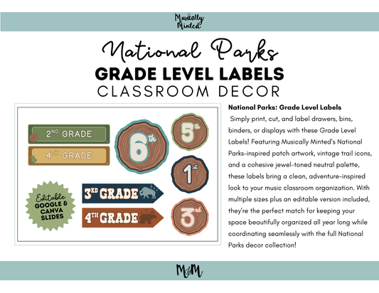 National Parks: Grade Level Labels | Music Classroom Decor