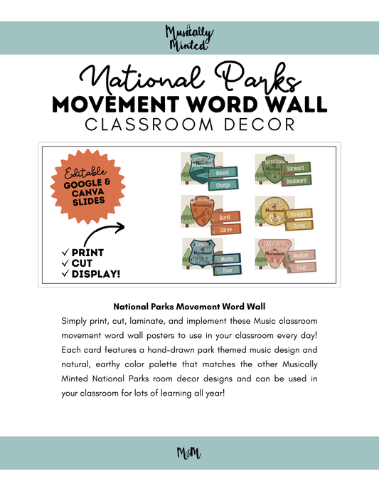 National Parks: Movement Word Wall | Music Classroom Decor