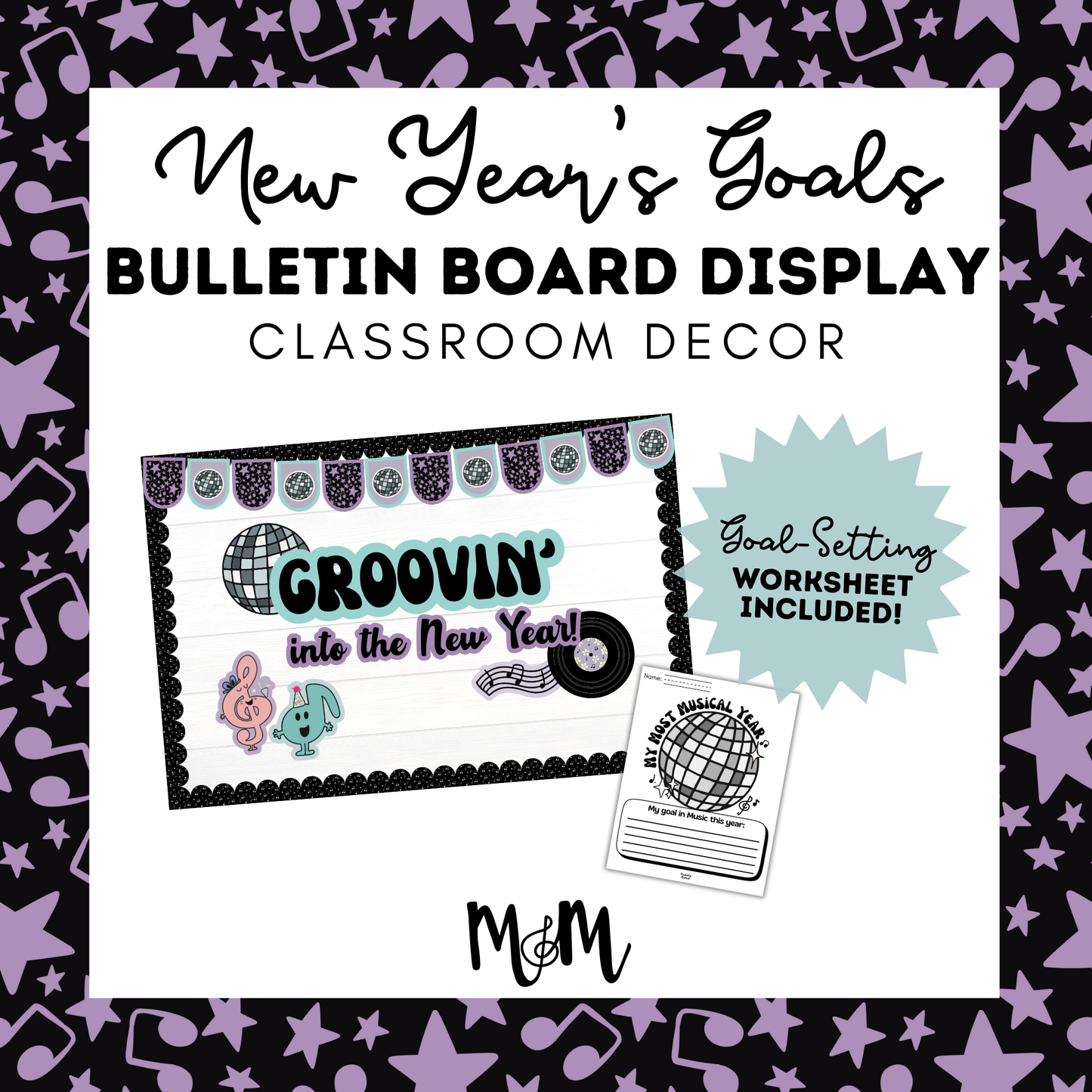New Year’s Musical Goals Bulletin Board Display | Groovin’ Into a New Year | Printable Classroom Decor & Activity DIGITAL DOWNLOAD