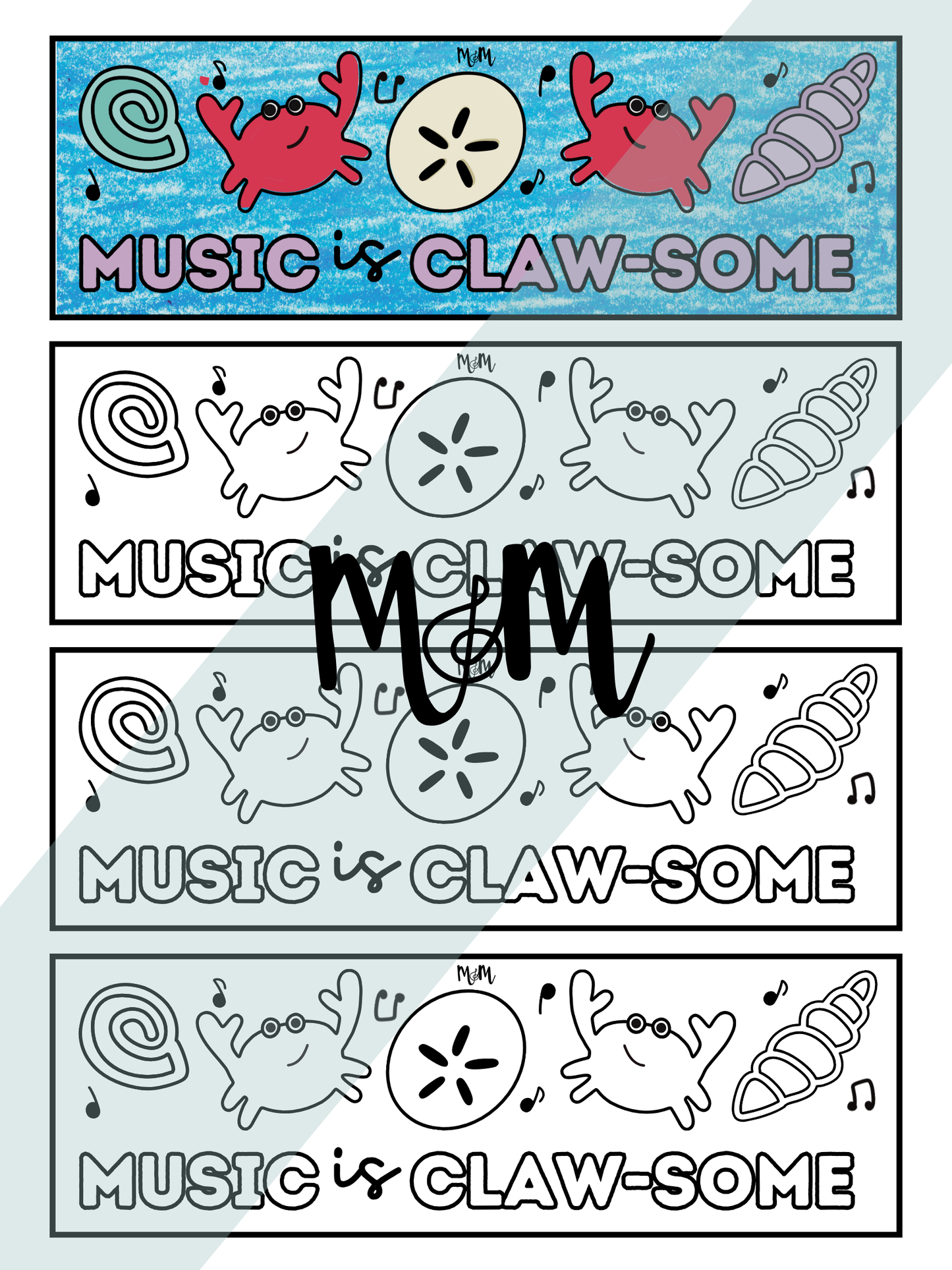 Colorful design with crabs, shells, and musical notes with 'Music is Claw-some' text.