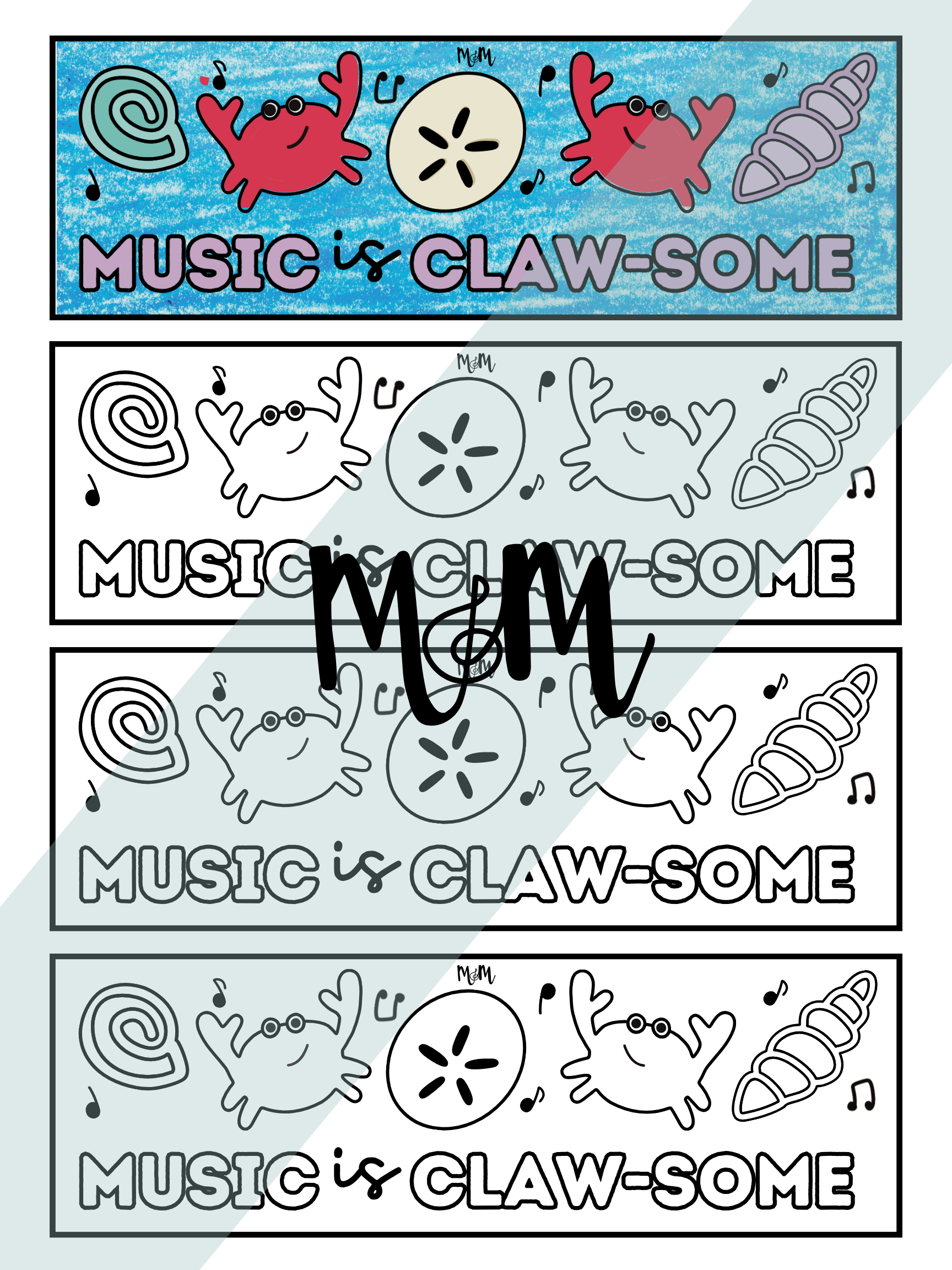 Colorful design with crabs, shells, and musical notes with 'Music is Claw-some' text.