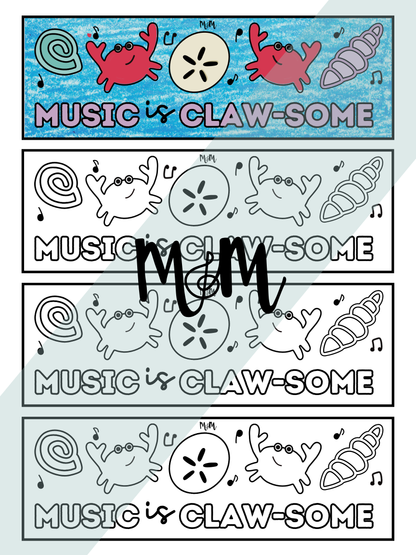 Colorful design with crabs, shells, and musical notes with 'Music is Claw-some' text.