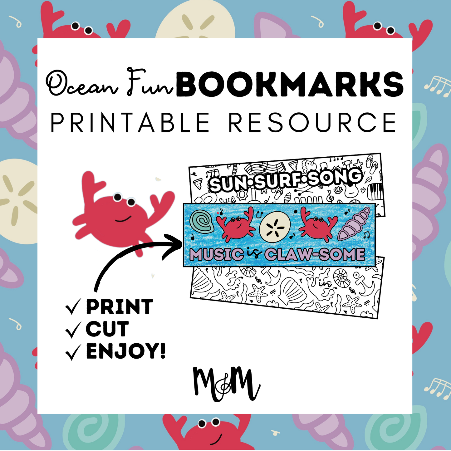 Ocean-themed bookmarks with a crab illustration on a blue background