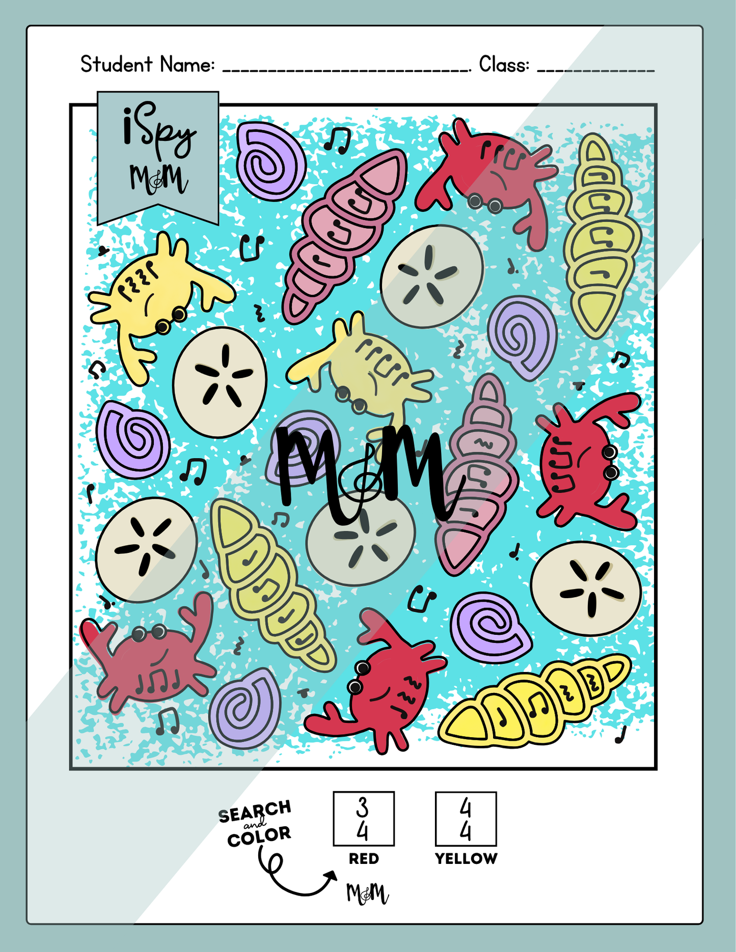 Color-by-number worksheet with sea creature illustrations and 'i spy' text on a light blue background.
