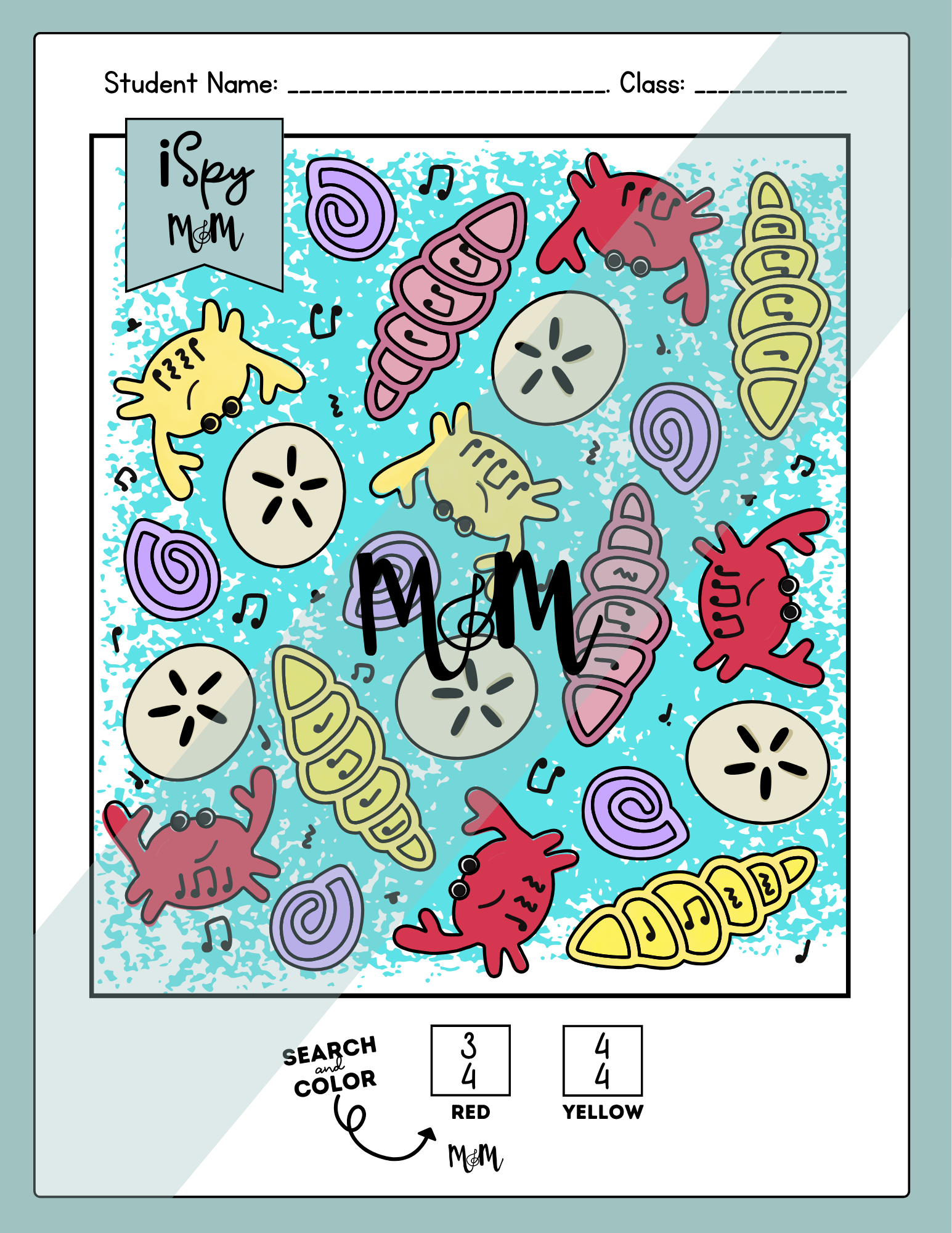 Color-by-number worksheet with sea creature illustrations and 'i spy' text on a light blue background.