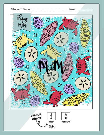 Color-by-number worksheet with sea creature illustrations and 'i spy' text on a light blue background.