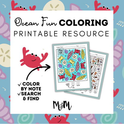 Ocean-themed coloring pages with a red crab illustration on a blue background.