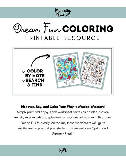 Ocean Fun Coloring Printable Resource with two coloring pages and text about musical mastery.