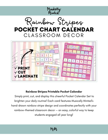 Rainbow Stripes: Pocket Chart Calendar DIGITAL DOWNLOAD