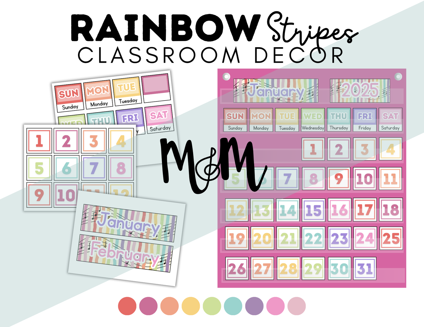Rainbow Stripes: Pocket Chart Calendar DIGITAL DOWNLOAD