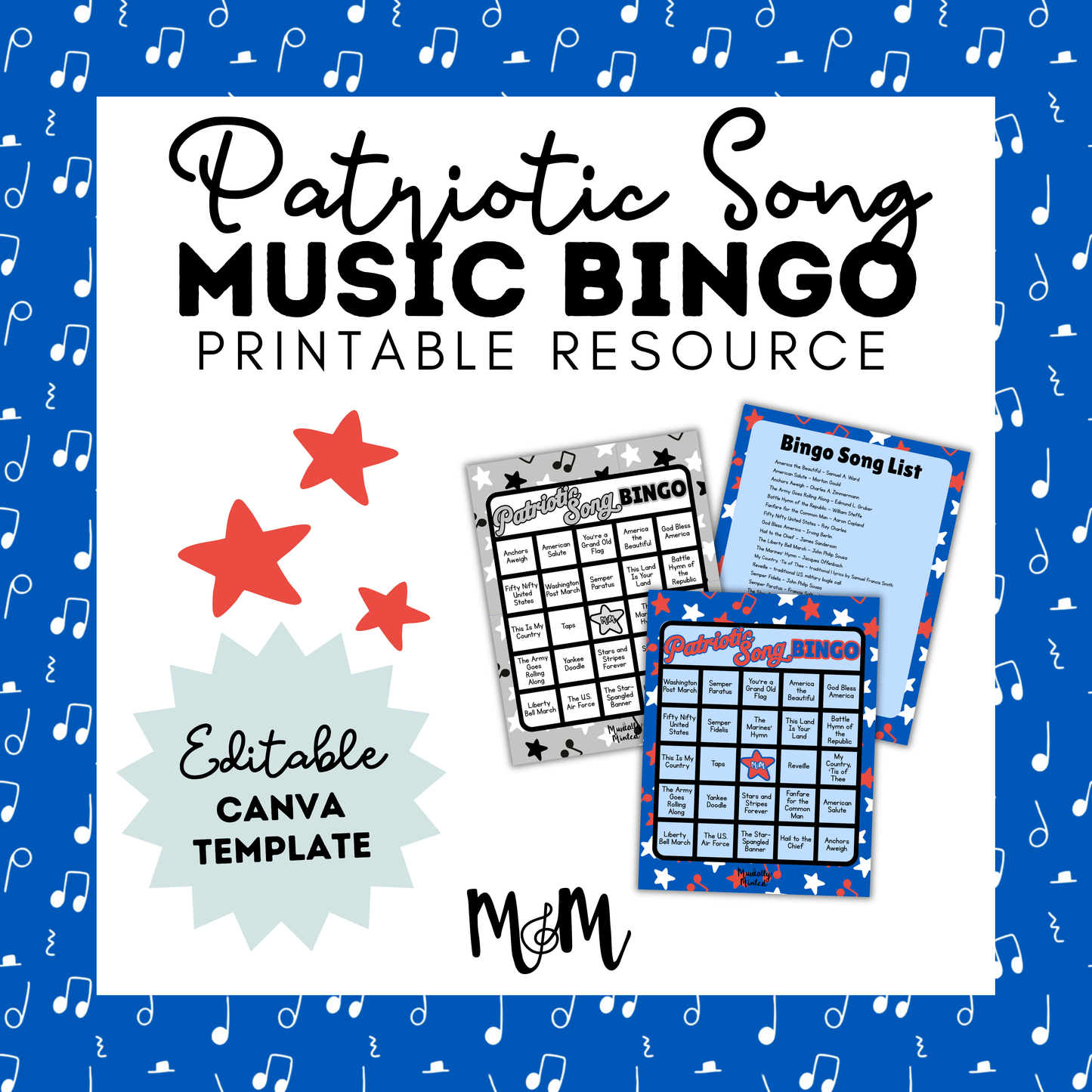 Patriotic Song Bingo | Listening Activity & Music Game | Editable with Playlist DIGITAL DOWNLOAD