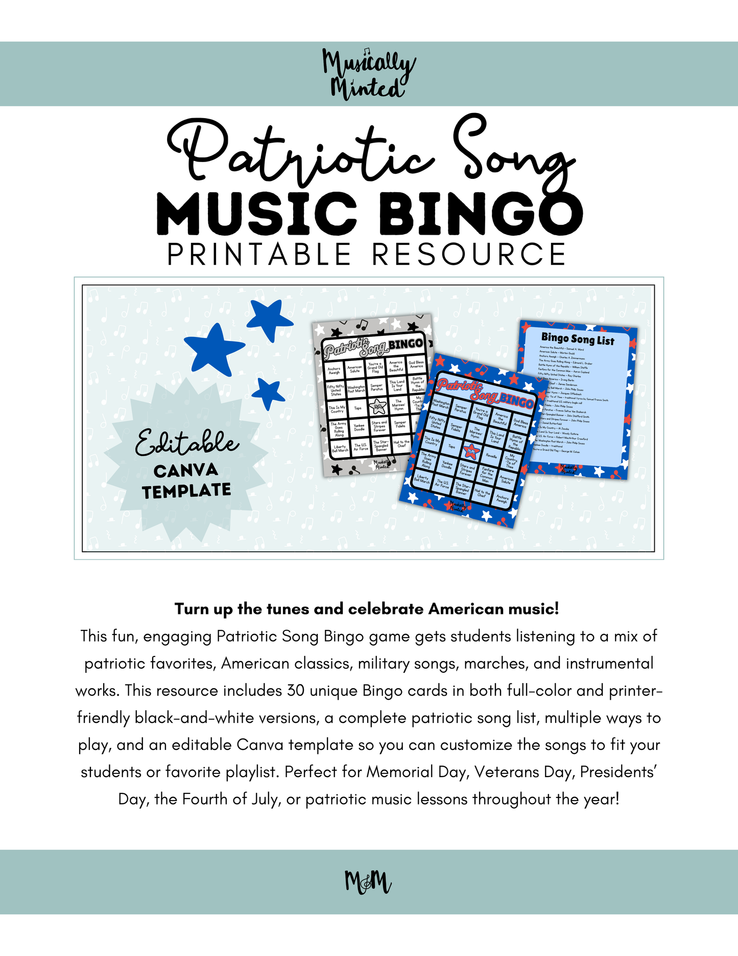 Patriotic Song Bingo | Listening Activity & Music Game | Editable with Playlist DIGITAL DOWNLOAD