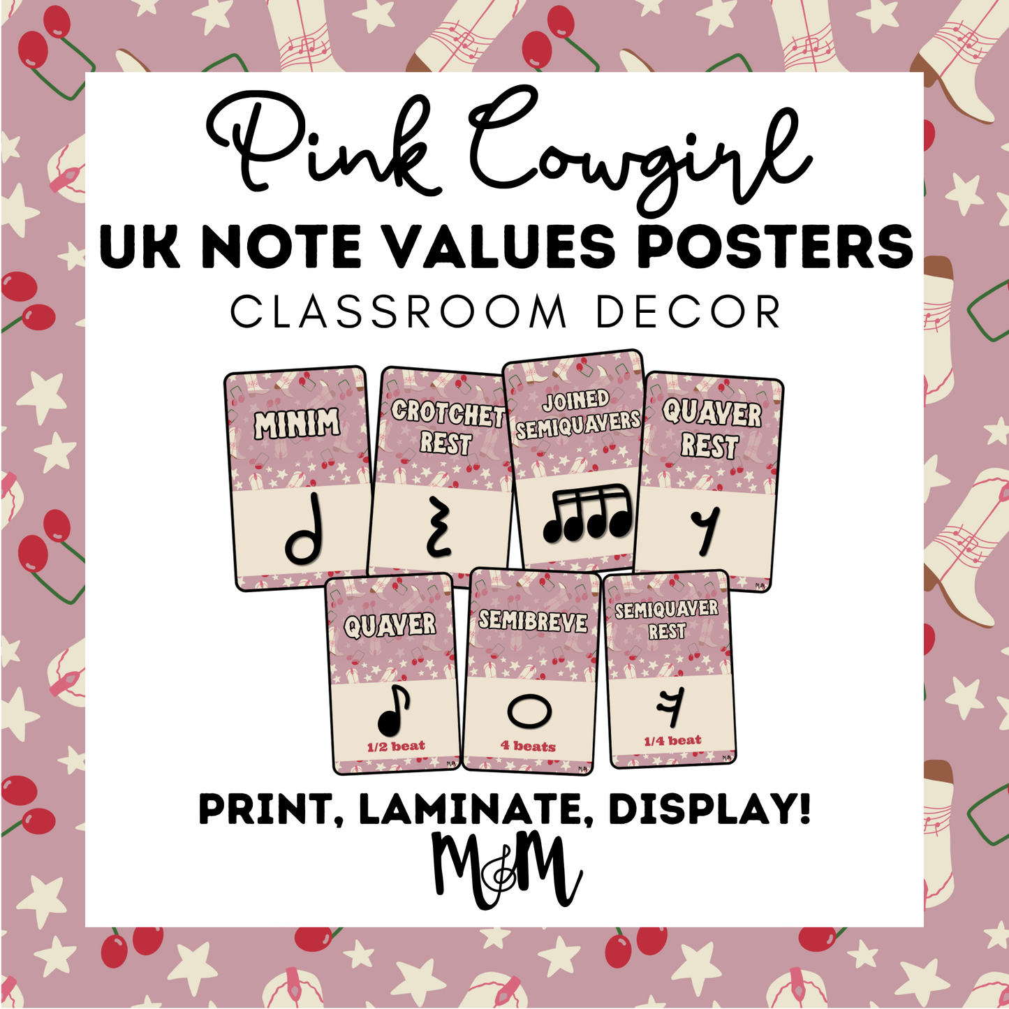 Pink Cowgirl: UK Note Values Posters | UK Music Terms | Music Classroom Decor