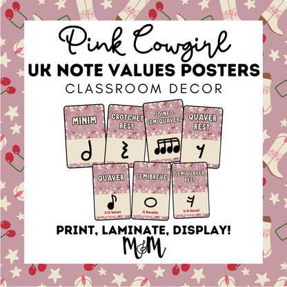 Pink Cowgirl: UK Note Values Posters | UK Music Terms | Music Classroom Decor