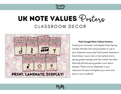 Pink Cowgirl: UK Note Values Posters | UK Music Terms | Music Classroom Decor