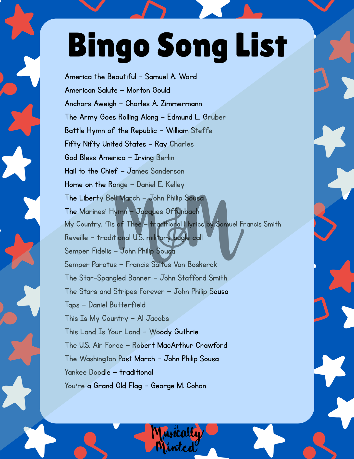 Patriotic Song Bingo | Listening Activity & Music Game | Editable with Playlist DIGITAL DOWNLOAD