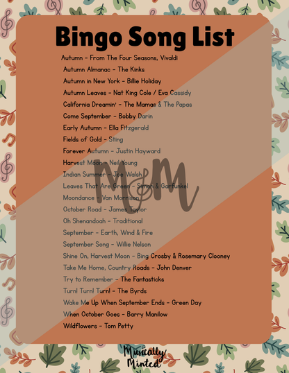 Fall Faves Song Bingo | Listening Activity & Music Game | Editable with Playlist DIGITAL DOWNLOAD