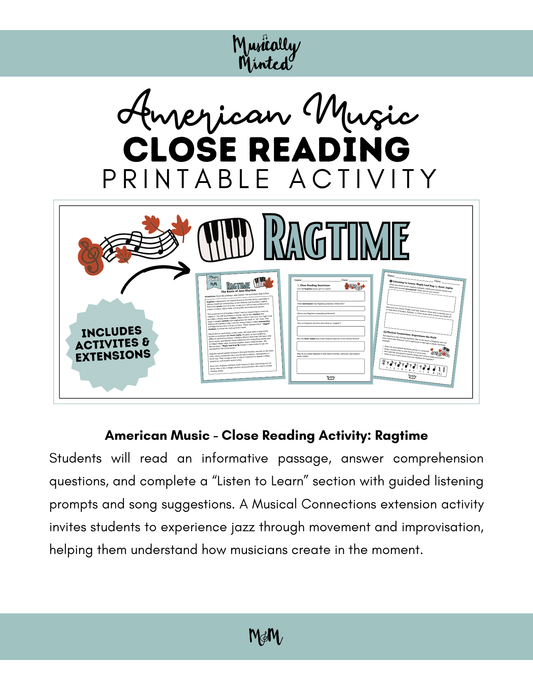 Ragtime | Close Reading, Listening Activity & Syncopation Musical Connection | Unit | DIGITAL DOWNLOAD