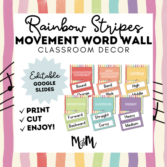Rainbow Stripes: Movement Word Wall Cards DIGITAL DOWNLOAD