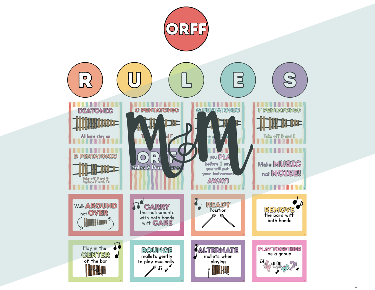 Rainbow Stripes: Orff Rules & Expectations Posters | Music Room Decor