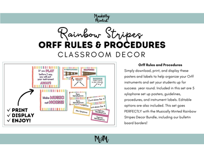 Rainbow Stripes: Orff Rules & Expectations Posters | Music Room Decor