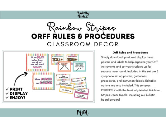 Rainbow Stripes: Orff Rules & Expectations Posters | Music Room Decor