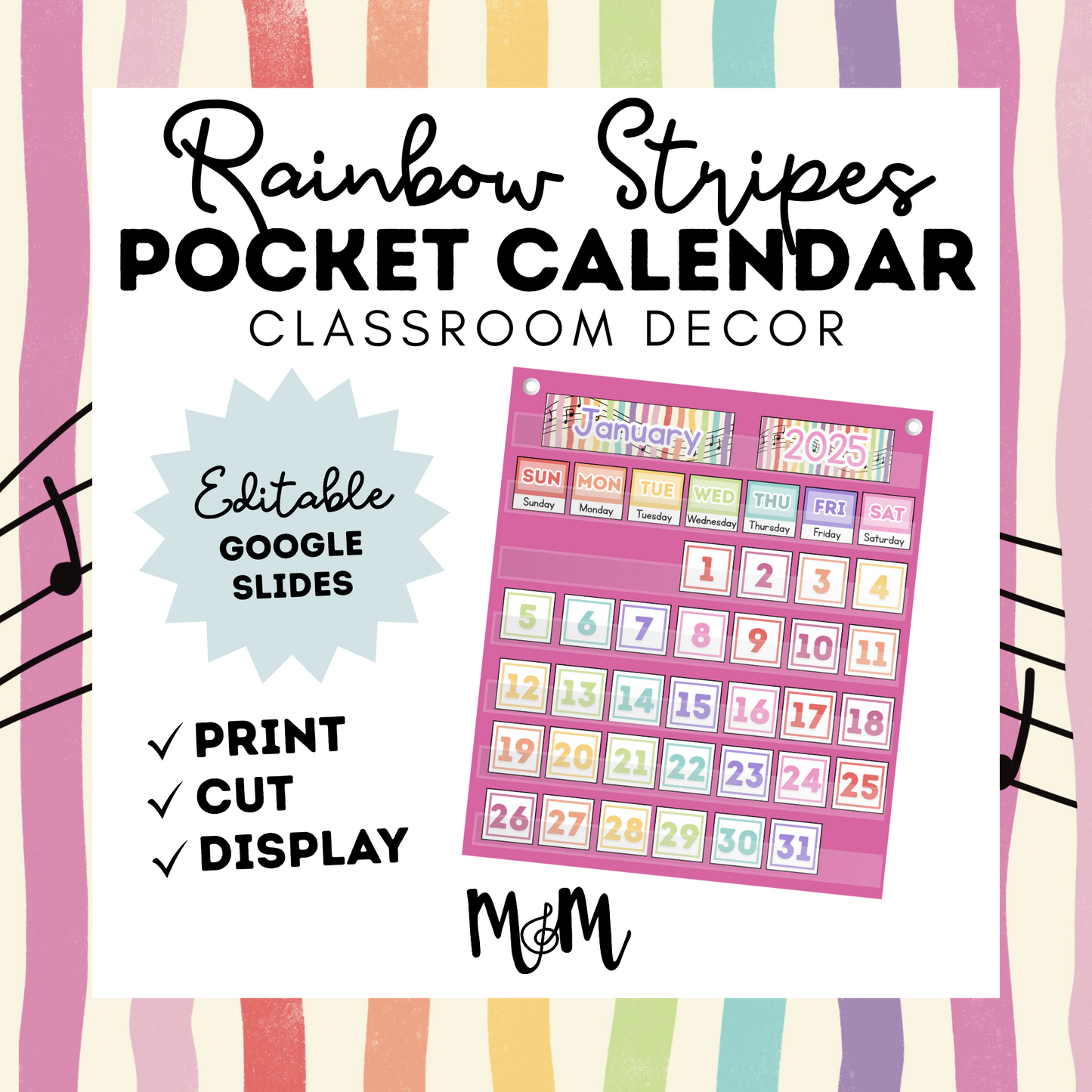 Rainbow Stripes: Pocket Chart Calendar DIGITAL DOWNLOAD