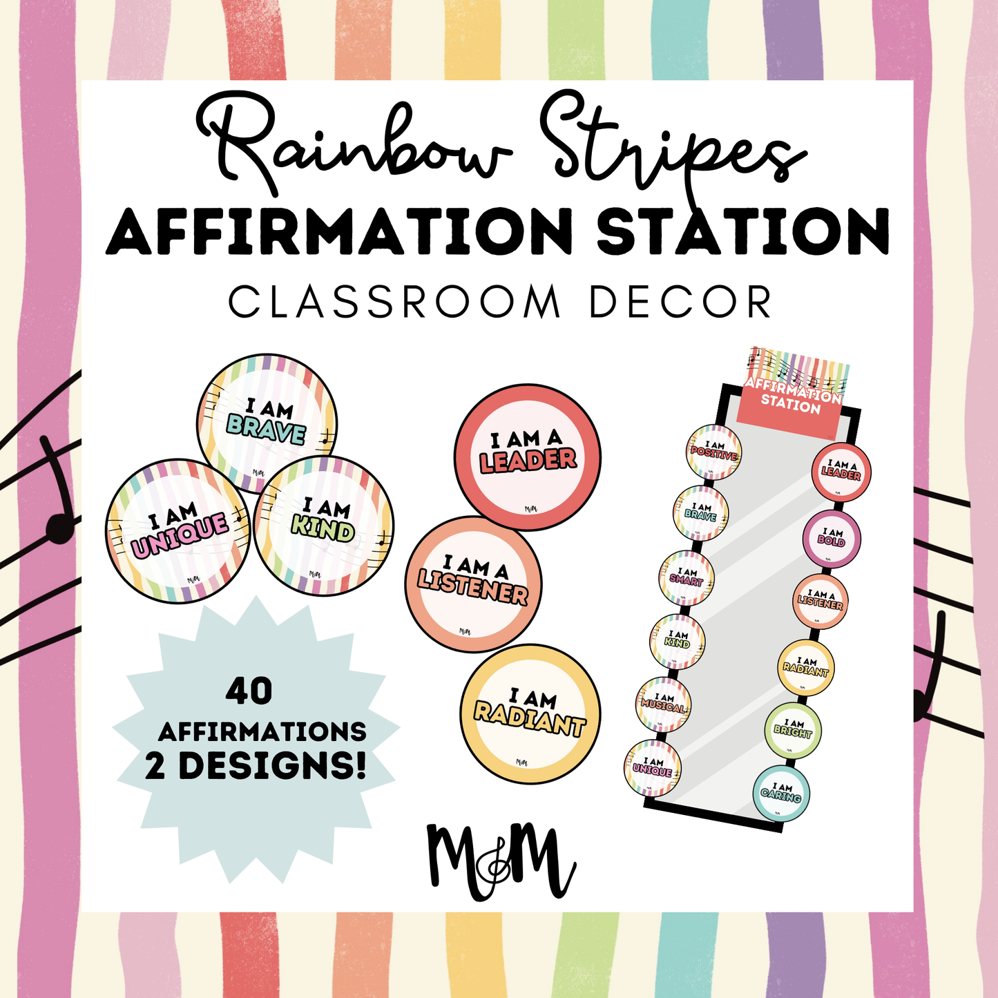 Rainbow Stripes: Affirmation Station | Music Classroom Decor