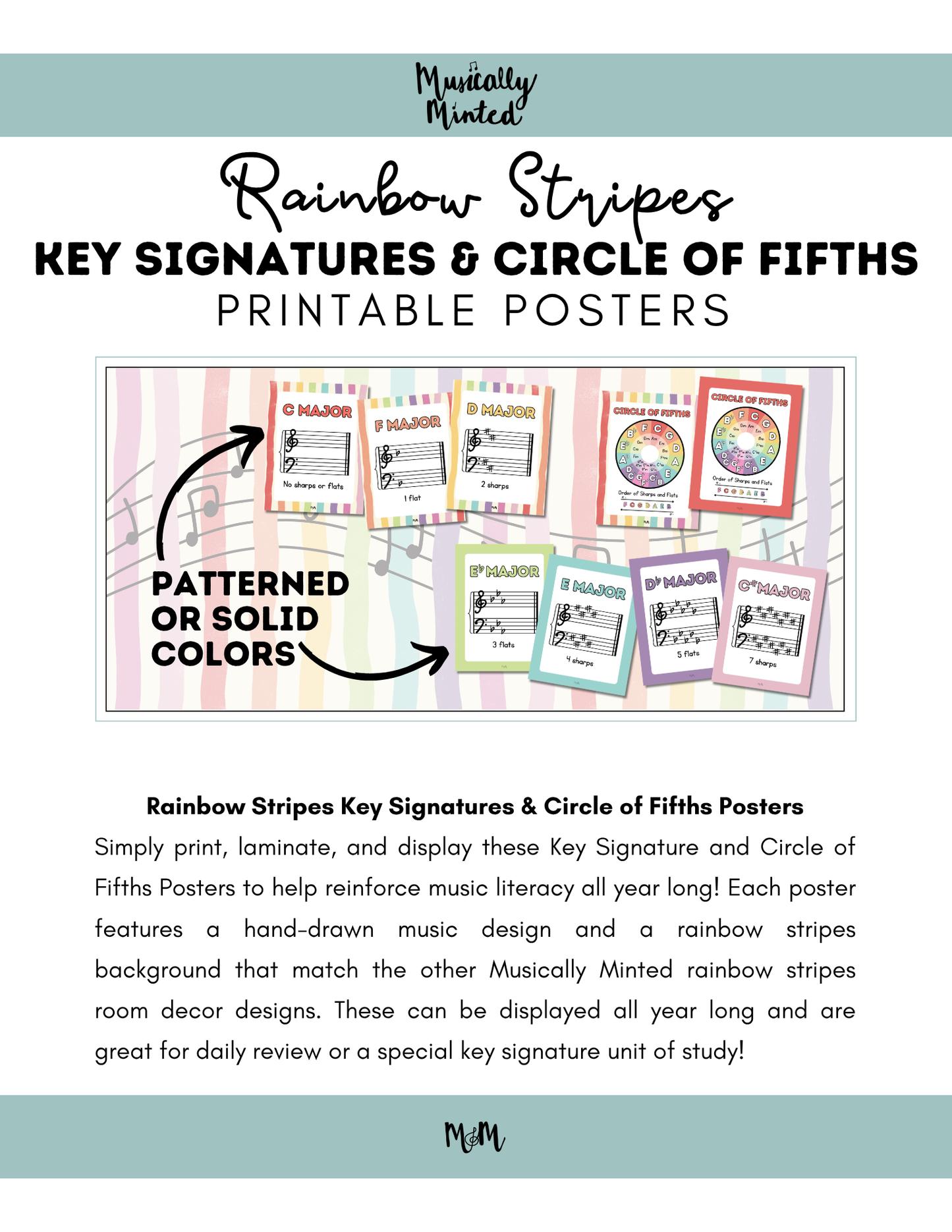 Rainbow Stripes: Circle of Fifths & Key Signature Posters | Music Decor
