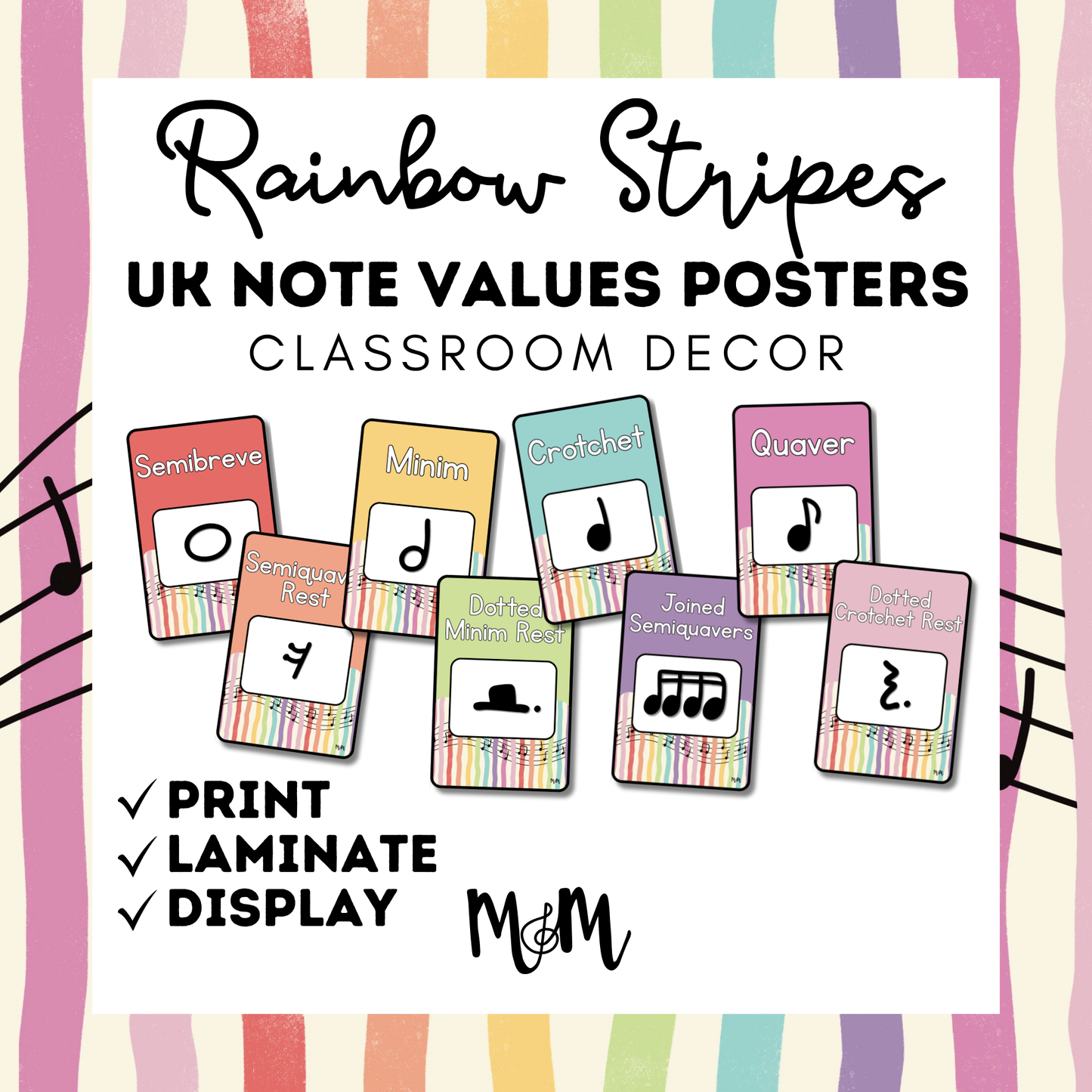 Rainbow Stripes: UK Note Values Posters | UK Music Terms | Music Classroom Decor