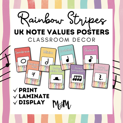 Rainbow Stripes: UK Note Values Posters | UK Music Terms | Music Classroom Decor