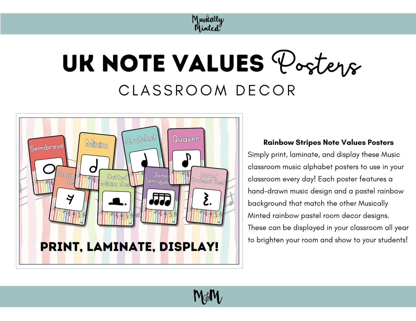 Rainbow Stripes: UK Note Values Posters | UK Music Terms | Music Classroom Decor