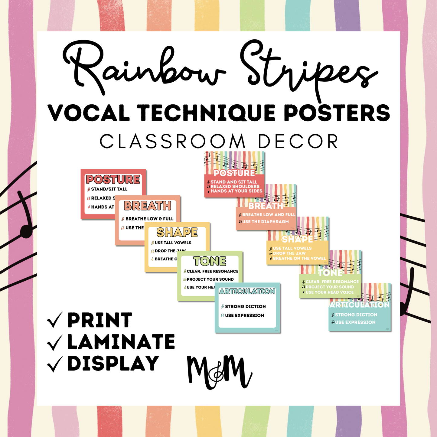 Rainbow Stripes: Vocal Technique Posters | Music Classroom Decor
