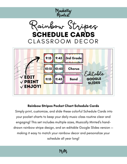 Rainbow Stripes: Pocket Chart Schedule Cards DIGITAL DOWNLOAD