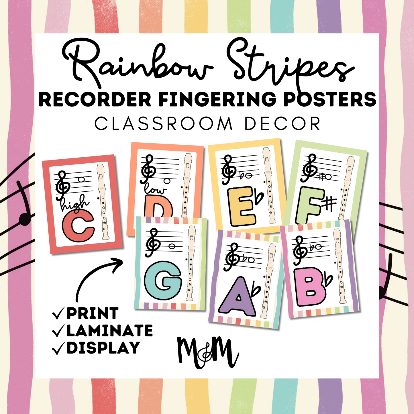 Rainbow Stripes: Recorder Fingering Posters DIGITAL DOWNLOAD