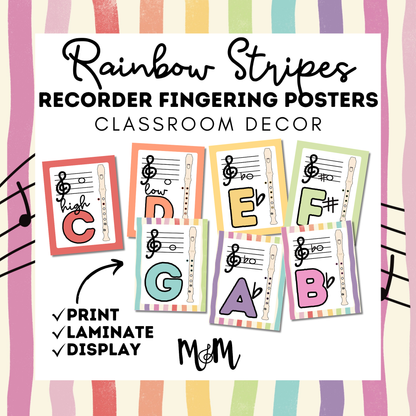 Rainbow Stripes: Recorder Fingering Posters DIGITAL DOWNLOAD