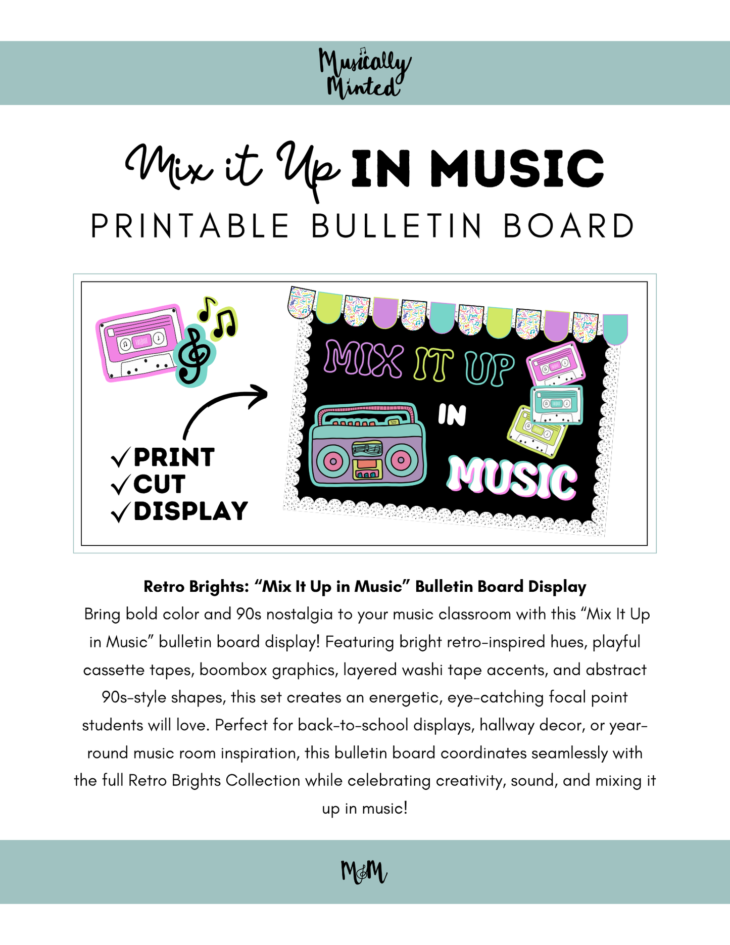 Retro Brights: Mix it Up in Music | Bulletin Board Display | Music Class Decor