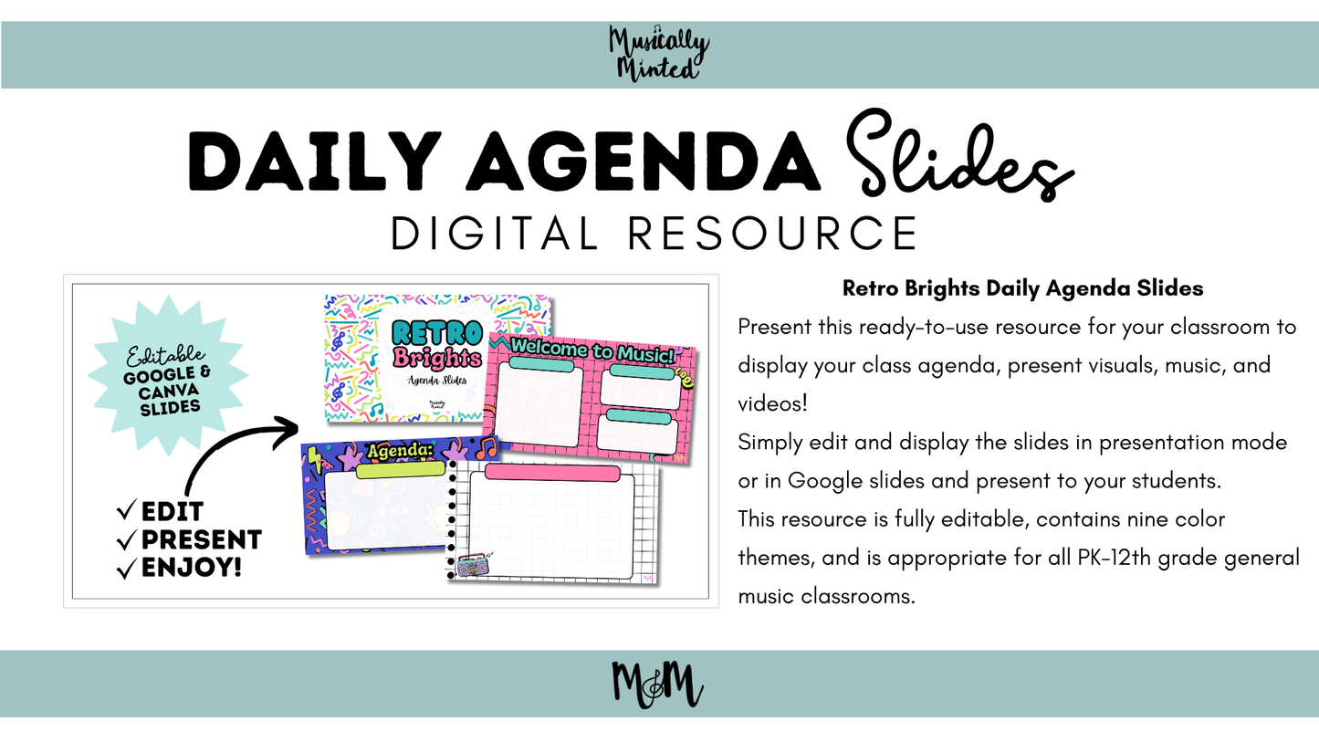 Retro Brights: Daily Agenda Slides | Music Classroom Digital Resource