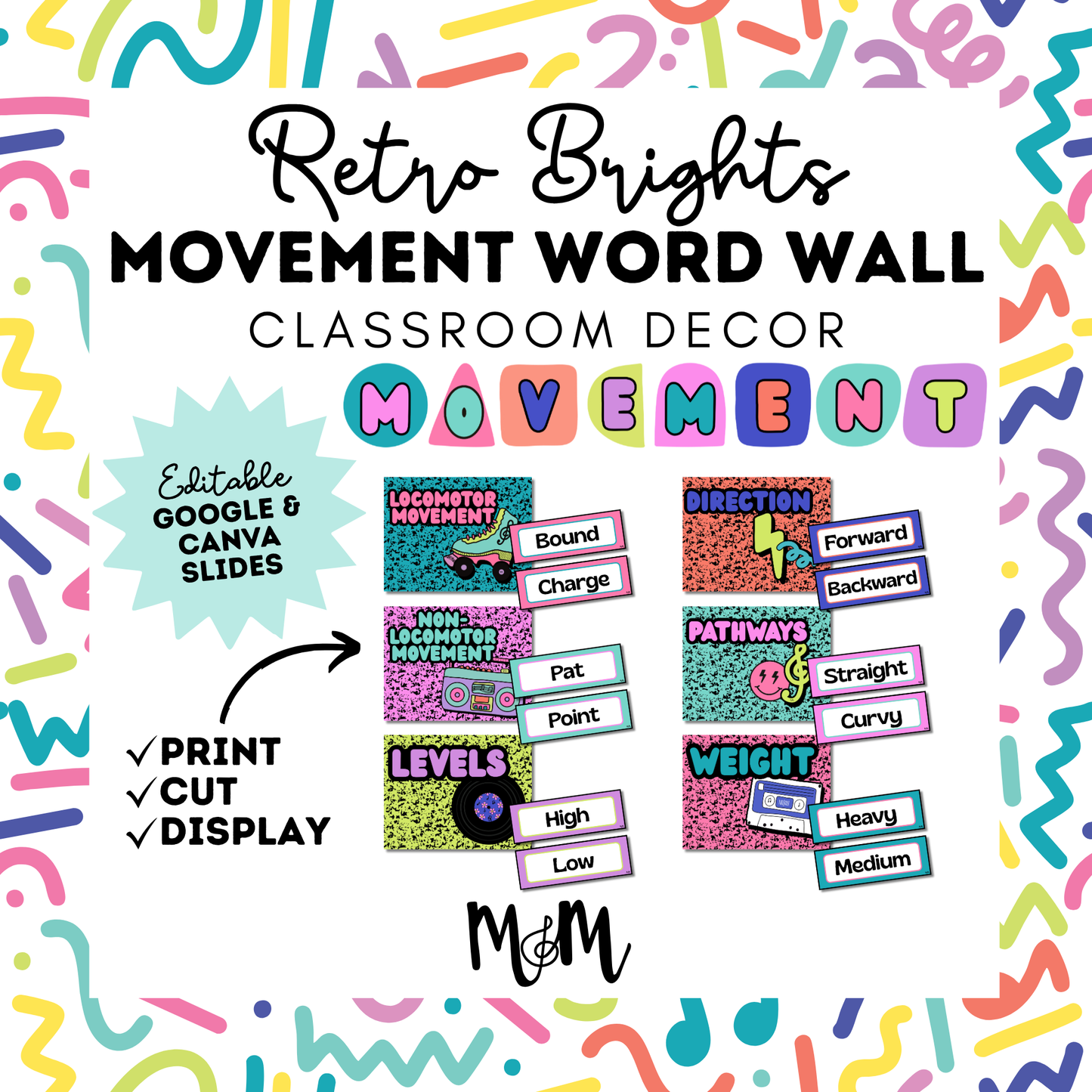 Retro Brights: Movement Word Wall | Music Classroom Decor