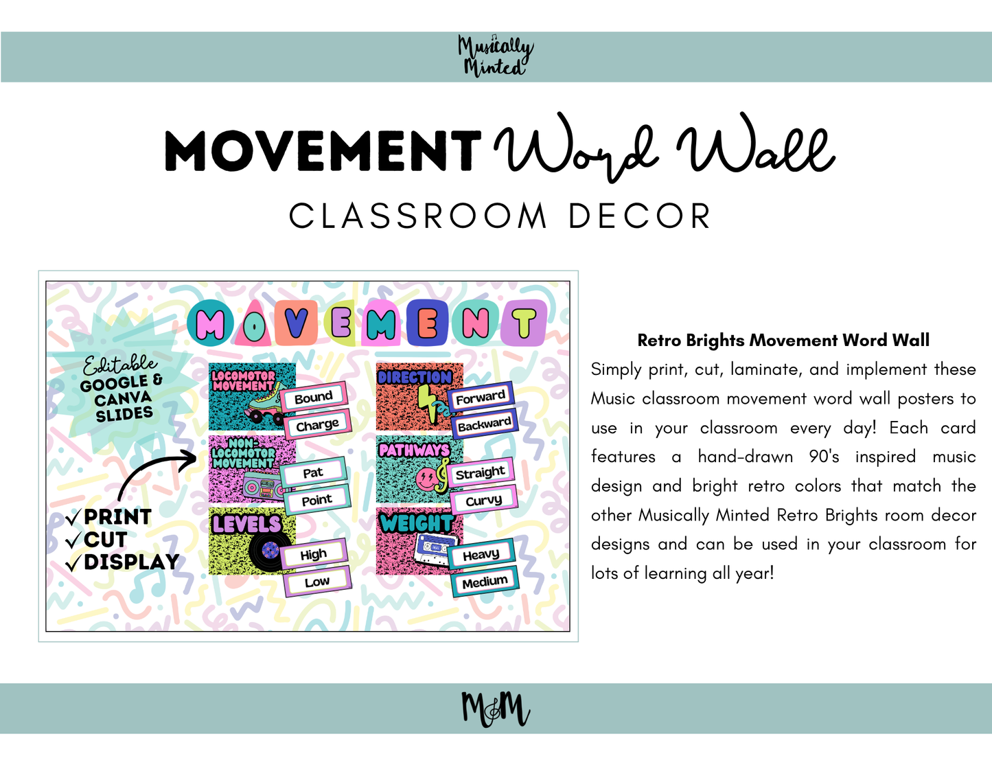 Retro Brights: Movement Word Wall | Music Classroom Decor