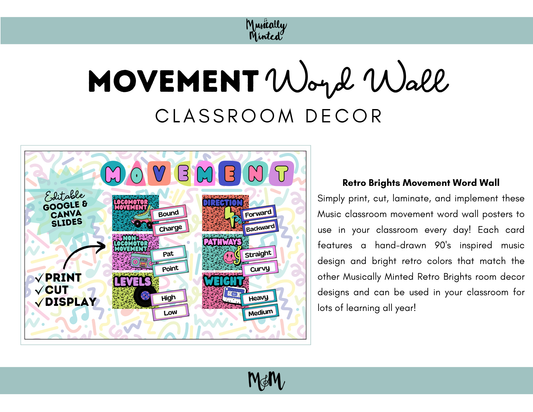Retro Brights: Movement Word Wall | Music Classroom Decor