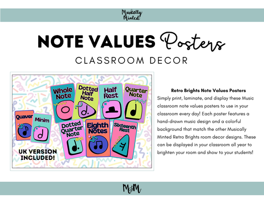 Retro Brights: Note Values Posters | Music Classroom Decor