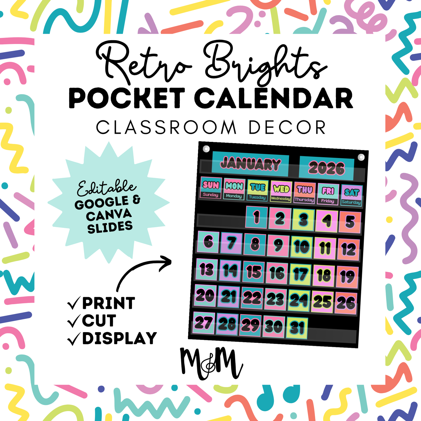 Retro Brights: Pocket Chart Calendar | Music Classroom Decor