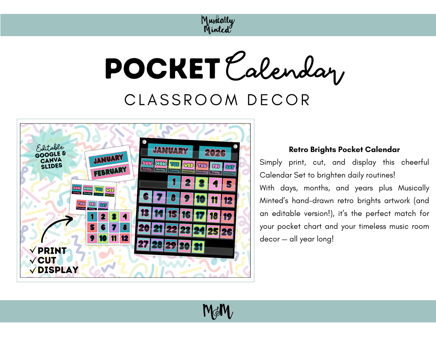 Retro Brights: Pocket Chart Calendar | Music Classroom Decor
