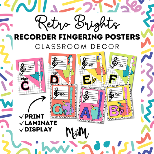 Retro Brights: Recorder Fingering Posters | Music Classroom Decor