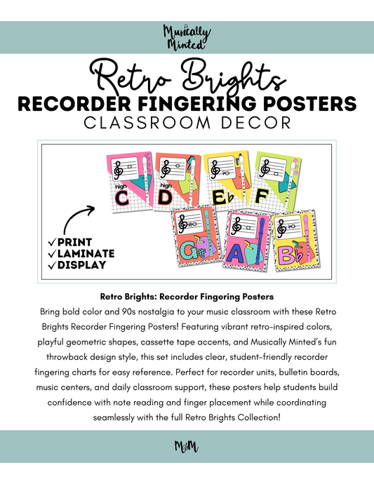 Retro Brights: Recorder Fingering Posters | Music Classroom Decor