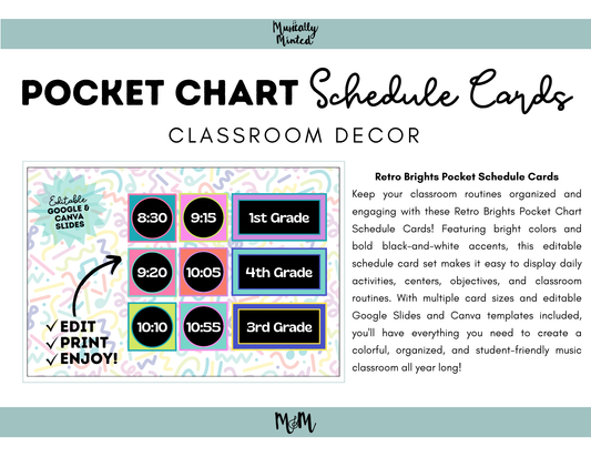Retro Brights: Pocket Chart Schedule Cards | Music Classroom Decor