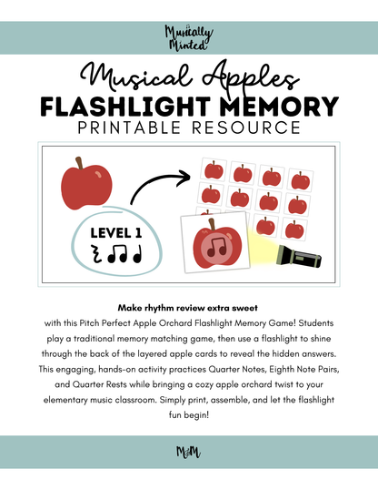 Musical Apples Flashlight Memory Game | Rhythm Level 1 | Fall Music Activity DIGITAL DOWNLOAD