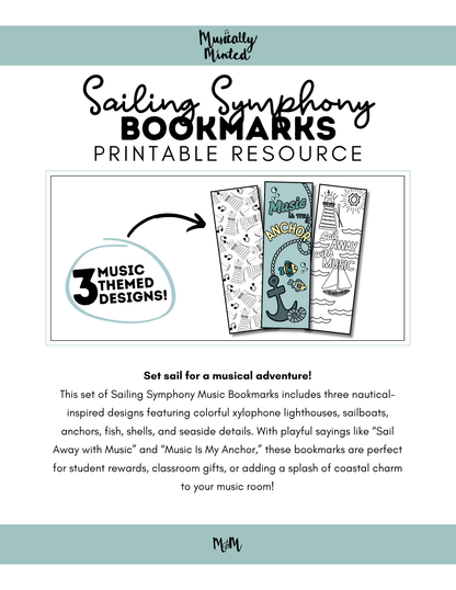 Sailing Symphony | Music Bookmarks | Printable Coloring Activity DIGITAL DOWNLOAD